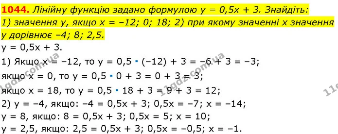 1044. Лінійну функцію задано формулою у = 0,5х + 3. Знайдіть: — ГДЗ Алгебра 7 клас Істер 2024