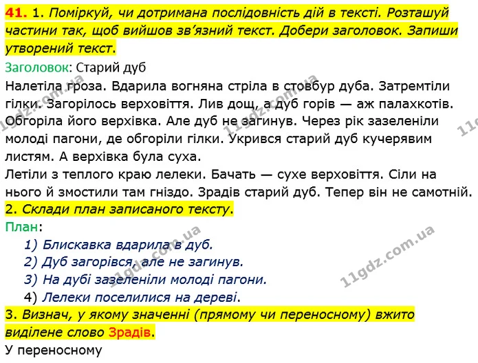 41. 1. Поміркуй, чи дотримана послідовність дій в тексті. Розташуй частини так, щоб вийшов зв’язний текст. Добери заголовок. Запиши — ГДЗ Українська мова та читання 4 клас Коваленко