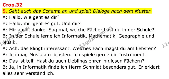 5. Seht euch das Schema an und spielt Dialoge nach dem Muster. — ГДЗ Німецька мова 6 клас Сотникова 2 рік (2023)