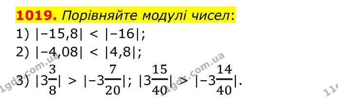 1019. Порівняйте модулі чисел: — ГДЗ Математика 6 клас Кравчук 2023