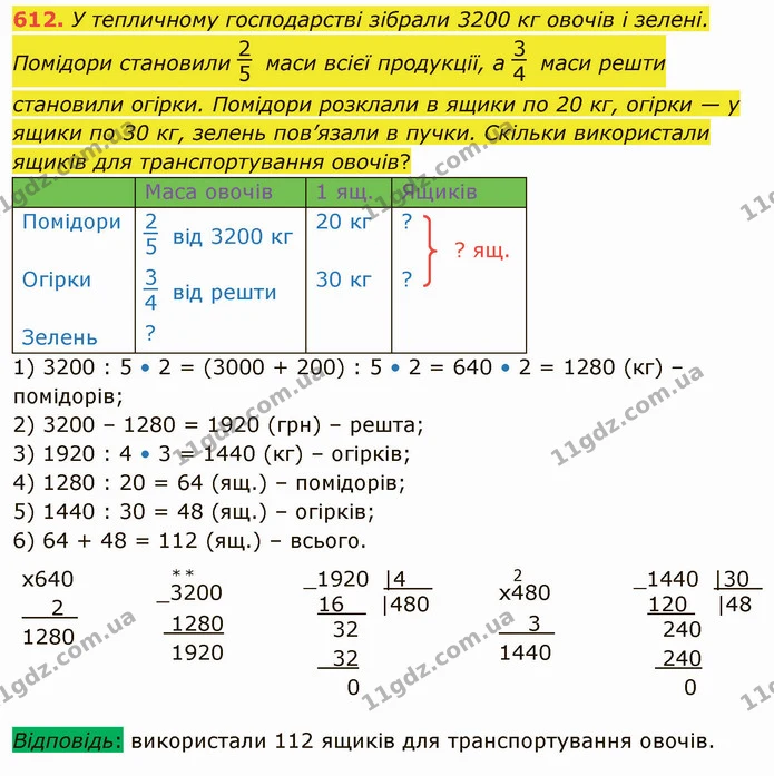 612. У тепличному господарстві зібрали 3200 кг овочів і зелені. Помідори становили маси всієї продукції, а маси решти становили огірки — ГДЗ Математика 4 клас Лишенко 1-2 ч.