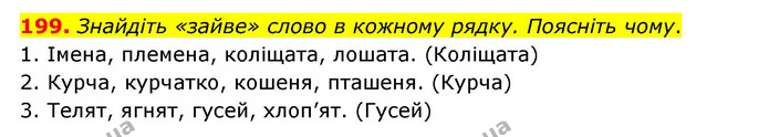 199. Знайдіть «зайве» слово в кожному рядку. Поясніть чому. — ГДЗ Українська мова 6 клас Голуб 2023