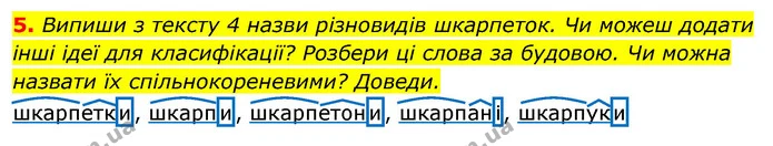 5. Випиши з тексту 4 назви різновидів шкарпеток. Чи можеш додати інші ідеї для класифікації? Розбери ці слова за будовою. Чи можна — ГДЗ Українська мова та читання 3 клас Остапенко 1-2 ч.