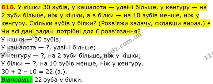 616. У кішки 30 зубів, у кашалота — удвічі більше, у кенгуру — на 2 зуби більше, ніж у кішки, а в білки — на 10 зубів менше, ніж у — ГДЗ Математика 3 клас Козак 1-2 ч.