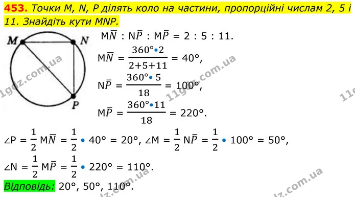 453. Точки M, N, P ділять коло на частини, пропорційні числам 2, 5 і 11. Знайдіть кути MNP. — ГДЗ Геометрія 8 клас Бевз