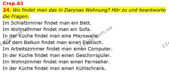 24. Wo findet man das in Darynas Wohnung? Hör zu und beantworte die Fragen. — ГДЗ Німецька мова 7 клас Басай