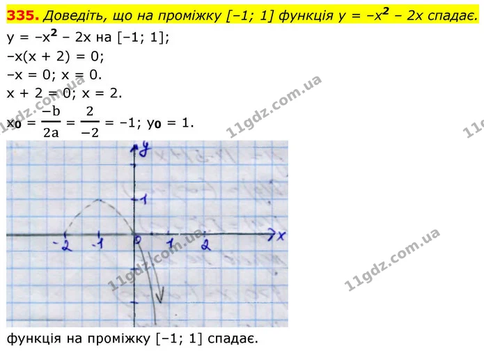 335. Доведіть, що на проміжку [–1; 1] функція у = –х2 – 2х спадає. — ГДЗ Алгебра 9 клас Тарасенкова