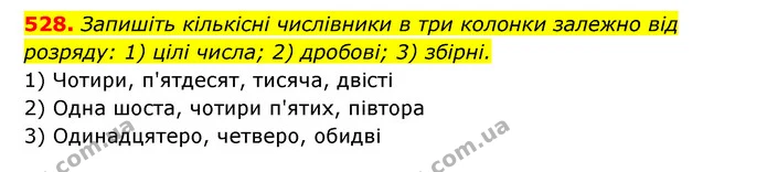 528. Запишіть кількісні числівники в три колонки залежно від розряду: 1) цілі числа; 2) дробові; 3) збірні. — ГДЗ Українська мова 6 клас Заболотний 2023