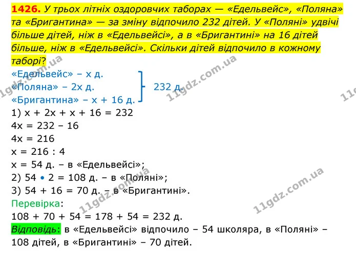 1426. У трьох літніх оздоровчих таборах — «Едельвейс», «Поляна» та «Бригантина» — за зміну відпочило 232 дітей. У «Поляні» удвічі — ГДЗ Математика 6 клас Істер 2023 1-2 ч.