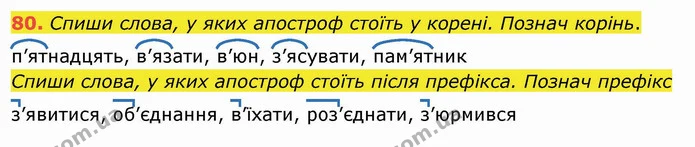 80. Спиши слова, у яких апостроф стоїть у корені. Познач корінь. — ГДЗ Українська мова та читання 4 клас Кравцова