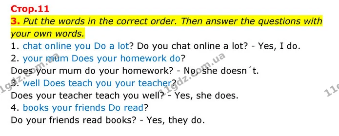 3. Put the words in the correct order. Then answer the questions with your own words. — ГДЗ Зошит з граматики Англійська мова 5 клас Карпюк 2022