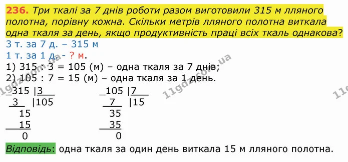 236. Три ткалі за 7 днів роботи разом виготовили 315 м лляного полотна, порівну кожна. Скільки метрів лляного полотна виткала одна — ГДЗ Математика 4 клас Оляницька