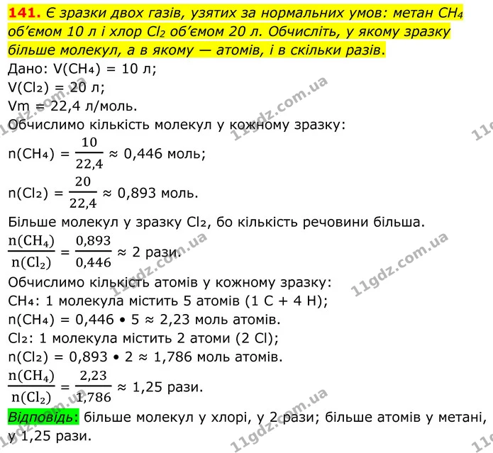 141. Є зразки двох газів, узятих за нормальних умов: метан CH4 об’ємом 10 л і хлор Cl2 об’ємом 20 л. Обчисліть, у якому зразку більше — ГДЗ Хімія 8 клас Григорович