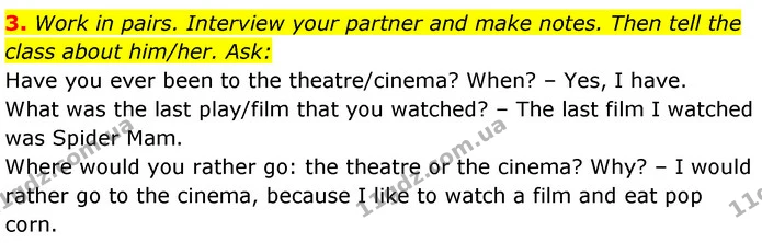 3. Work in pairs. Interview your partner and make notes. Then tell the class about him/her. Ask: — ГДЗ Англійська мова 7 клас Карпюк
