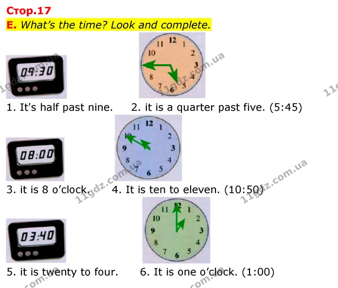 E. What’s the time? Look and complete. — ГДЗ зошит Англійська мова 5 клас Мітчелл