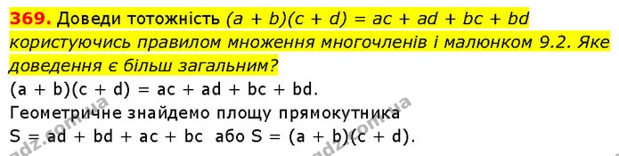 369. Доведи тотожнiсть (а + b)(с + d) = ас + ad + bc + bd користуючись правилом множення многочленів і малюнком 9.2. Яке доведення є — ГДЗ Алгебра 7 клас Бевз