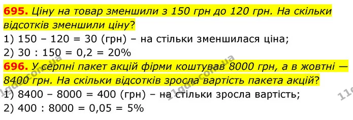 695. Ціну на товар зменшили з 150 грн до 120 грн. На скільки відсотків зменшили ціну? — ГДЗ Математика 6 клас Кравчук 2023