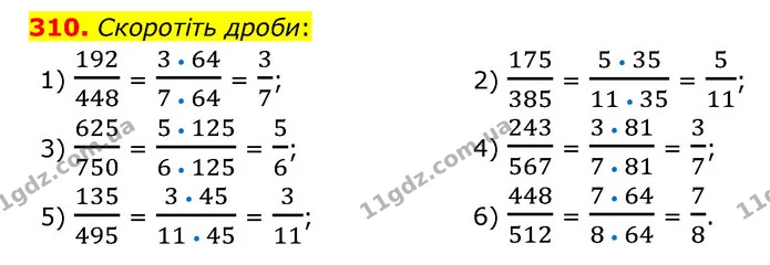 310. Скоротіть дроби: — ГДЗ Математика 6 клас Тарасенкова 2023 1-2 ч.