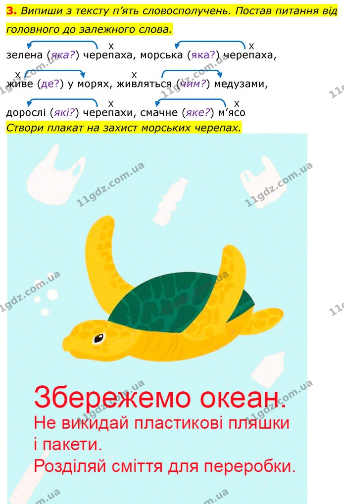 3. Випиши з тексту п’ять словосполучень. Постав питання від головного до залежного слова. — ГДЗ Українська мова та читання 3 клас Большакова 1-2 ч.