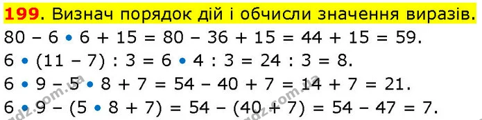 199. Визнач порядок дій і обчисли значення виразів. 80 – 6 • 6 + 15 = 80 – 36 + 15 = 44 + 15 = 59. 6 • (11 – 7) : 3 = 6 • 4 : 3 = 24 — ГДЗ Математика 3 клас Козак 1-2 ч.