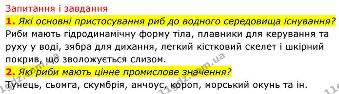 1. Які основні пристосування риб до водного середовища існування? — ГДЗ Біологія 7 клас Тагліна