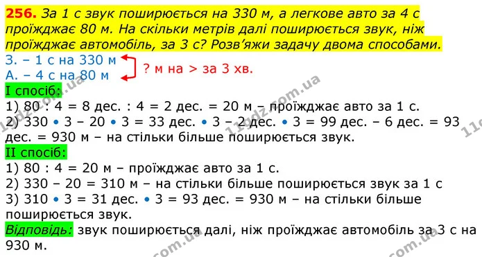 256. За 1 с звук поширюється на 330 м, а легкове авто за 4 с проїжджає 80 м. На скільки метрів далі поширюється звук, ніж проїжджає — ГДЗ Математика 3 клас Лишенко (1, 2 частина)