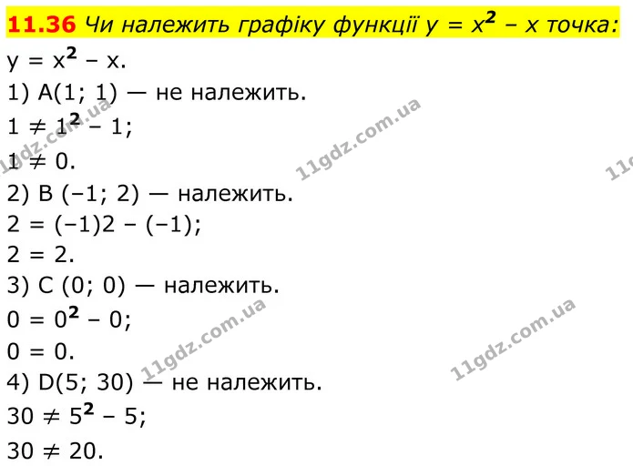 11.36 Чи належить графіку функції у = x2 – х точка: — ГДЗ Алгебра 8 клас Істер