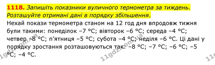 1118. Запишіть показники вуличного термометра за тиждень. Розташуйте отримані дані в порядку збільшення. — ГДЗ Математика 6 клас Тарасенкова 2023 1-2 ч.