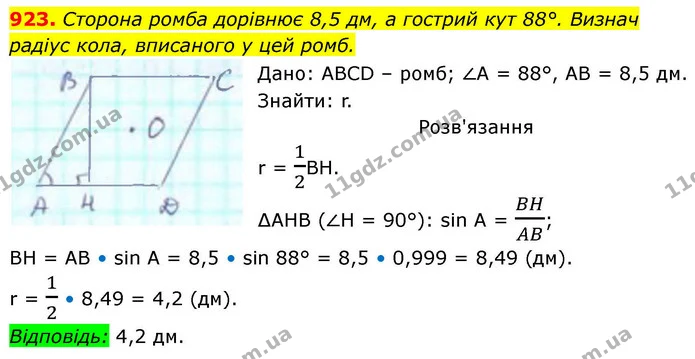 923. Сторона ромба дорівнює 8,5 дм, а гострий кут 88°. Визнач радіус кола, вписаного у цей ромб. — ГДЗ Геометрія 8 клас Бевз