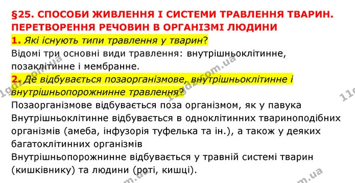 1. Які існують типи травлення у тварин? — ГДЗ Пізнаємо природу 6 клас Мідак