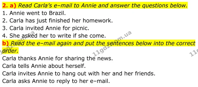 2. a) Read Carla’s e–mail to Annie and answer the questions below. — ГДЗ Англійська мова 8 клас Карпюк 2025