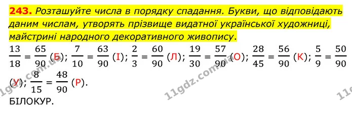 243. Розташуйте числа в порядку спадання. Букви, що відповідають даним числам, утворять прізвище видатної української художниці, — ГДЗ Математика 6 клас Мерзляк 2023 1-2 ч.