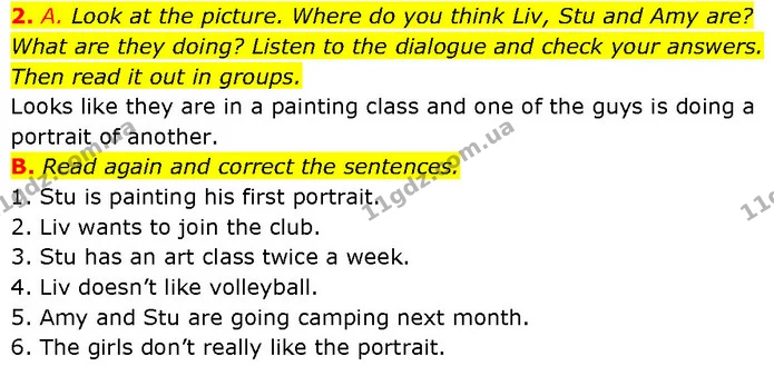 2. A. Look at the picture. Where do you think Liv, Stu and Amy are? What are they doing? Listen to the dialogue and check your answers — ГДЗ Англійська мова 7 клас Мітчелл