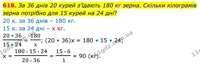 618. За 36 днів 20 курей з’їдають 180 кг зерна. Скільки кілограмів зерна потрібно для 15 курей на 24 дні? — ГДЗ Математика 6 клас Кравчук 2023