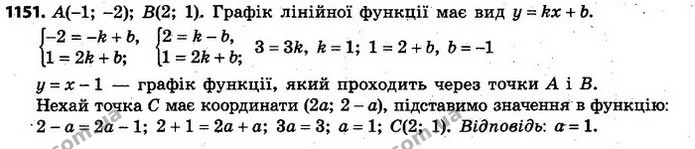 1151. Графік лінійної функції проходить через точки (–1; –2) і (2; 1). Знайдіть усі значення а, для яких точка (2а; 2 – а) — ГДЗ Алгебра 7 клас Кравчук 2015