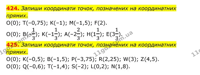 424. Запиши координати точок, позначених на координатних прямих. — ГДЗ Математика 6 клас Бевз 1-2 ч.