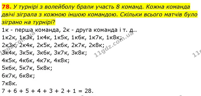 78. У турнірі з волейболу брали участь 8 команд. Кожна команда двічі зіграла з кожною іншою командою. Скільки всього матчів було — Алгебра 7 клас Мерзляк 2024
