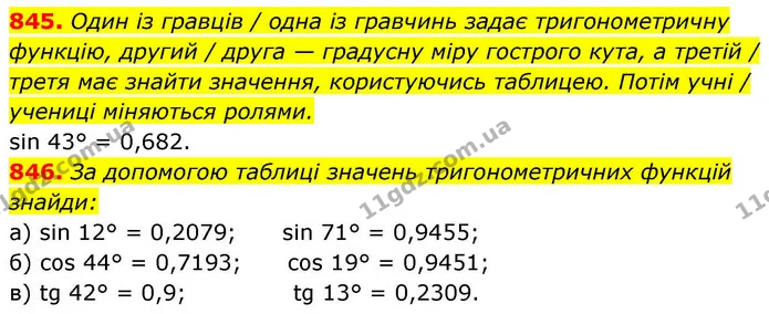 845. Один із гравців / одна із гравчинь задає тригонометричну функцію, другий / друга — градусну міру гострого кута, а третій / — ГДЗ Геометрія 8 клас Бевз