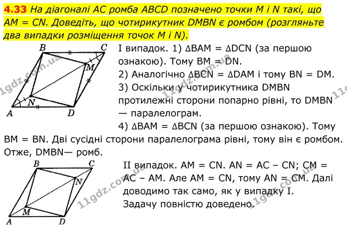 4.33 На діагоналі AC ромба ABCD позначено точки M і N такі, що — ГДЗ Геометрія 8 клас Істер
