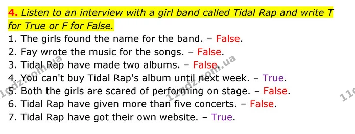 4. Listen to an interview with a girl band called Tidal Rap and write T for True or F for False. — ГДЗ Англійська мова 6 клас Мітчелл