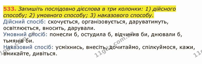 533. Запишіть послідовно дієслова в три колонки: 1) дійсного способу; 2) умовного способу; 3) наказового способу. — ГДЗ Українська мова 6 клас Заболотний 2019