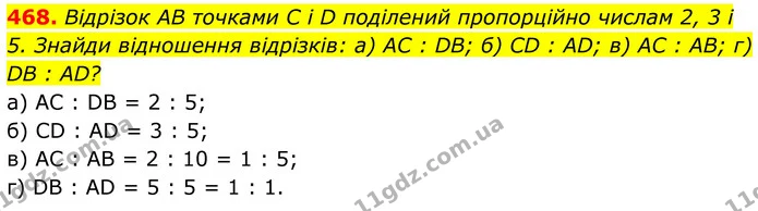 468. Відрізок АВ точками С і D поділений пропорційно числам 2, 3 і 5. Знайди відношення відрізків: а) АС : DB; б) СD : АD; в) АС : АB — ГДЗ Геометрія 8 клас Бевз