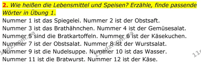 2. Wie heißen die Lebensmittel und Speisen? Erzähle, finde passende Wörter in Übung 1. — ГДЗ Німецька мова 8 клас Сотникова (2025) 4 рік