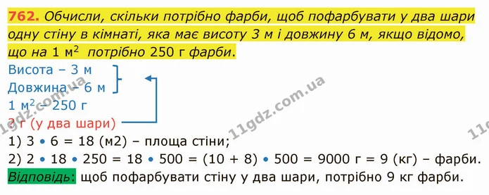 762. Обчисли, скільки потрібно фарби, щоб пофарбувати у два шари одну стіну в кімнаті, яка має висоту 3 м і довжину 6 м, якщо відомо — ГДЗ Математика 4 клас Оляницька