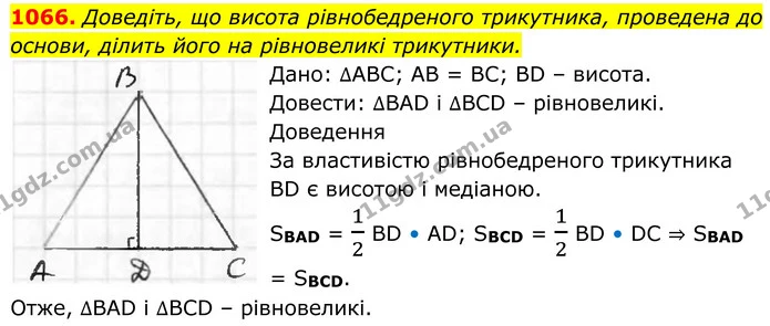 1066. Доведіть, що висота рівнобедреного трикутника, проведена до основи, ділить його на рівновеликі трикутники. — ГДЗ Геометрія 8 клас Бурда