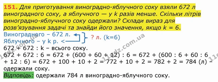 151. Для приготування виноградно-яблучного соку взяли 672 л виноградного соку, а яблучного — у k разів менше. Скільки літрів — ГДЗ Математика 4 клас Лишенко 1-2 ч.