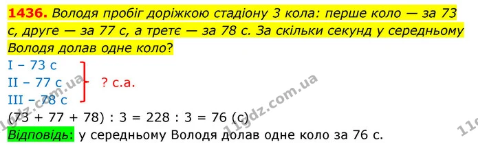 1436. Володя пробіг доріжкою стадіону 3 кола: перше коло — за 73 с, друге — за 77 с, а третє — за 78 с. За скільки секунд у середньому — ГДЗ Математика 5 клас Кравчук