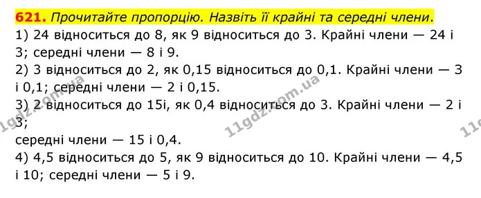 621. Прочитайте пропорцію. Назвіть її крайні та середні члени. — ГДЗ Математика 6 клас Тарасенкова 2023 1-2 ч.
