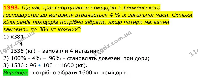 1393. Під час транспортування помідорів з фермерського господарства до магазину втрачається 4 % їх загальної маси. Скільки кілограмів — ГДЗ Математика 5 клас Тарасенкова 2022