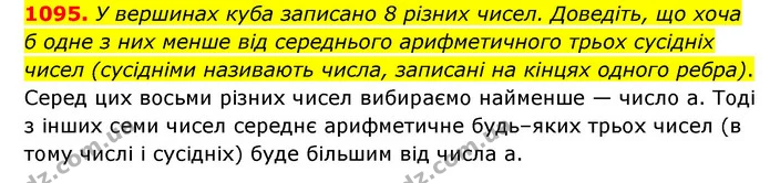 1095. У вершинах куба записано 8 різних чисел. Доведіть, що хоча б одне з них менше від середнього арифметичного трьох сусідніх чисел — ГДЗ Математика 6 клас Мерзляк 2023 1-2 ч.